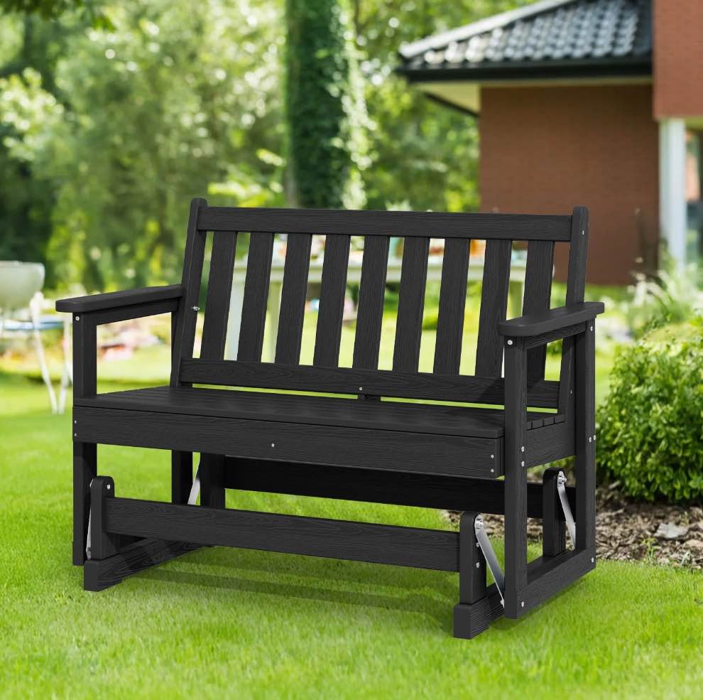 JUSTLET Outdoor Glider Rocking Chair,2 Person Bench Swings for Outside,HDPE All-Weather Resistant 2-Person Loveseat, Patio Glider with 660LBS Capacity for Backyard Garden Porch, Black
