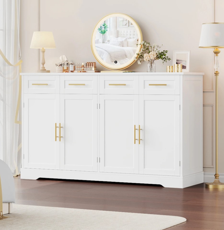 Homfa Modern Buffet Cabinet with 4 Drawers and 4 Doors, 59" W Sideboard Buffet Storage Cabinet with Shelves, for Kitchen Living Room Bedroom, White