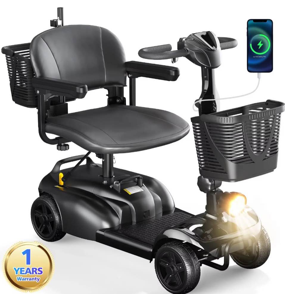 SACVON 4 Wheels Mobility Scooter with Cane Holder for Seniors, Electric Folding Wheelchair Device for Travel, Black