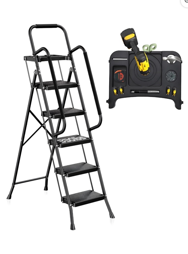 UNTIMATY 5 Step Ladder, 330lbs Portable Folding Ladders for Home with Handrails and Tool Tray, Safety Ladder, Black