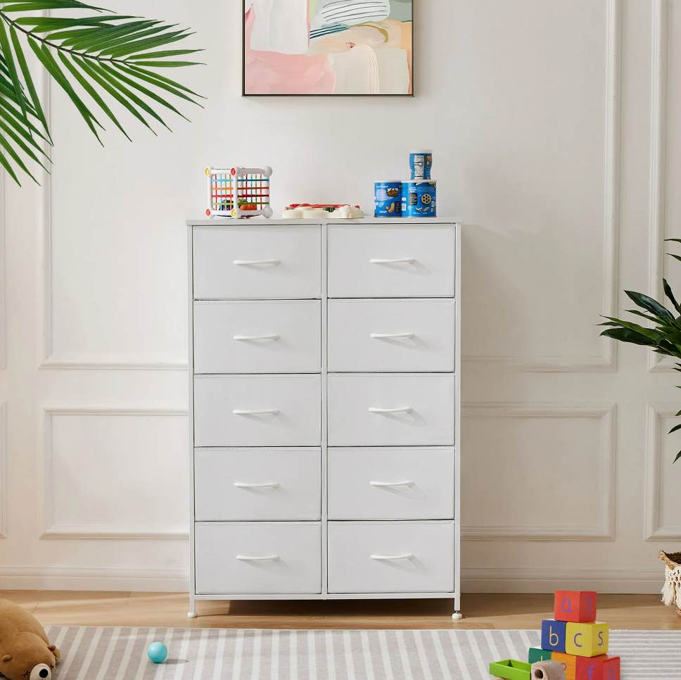 CONCETTA 10-Drawer Fabric Storage Cabinet for Adults, Organizer Furniture for Living Room, Office, Kitchen, Hallway, White