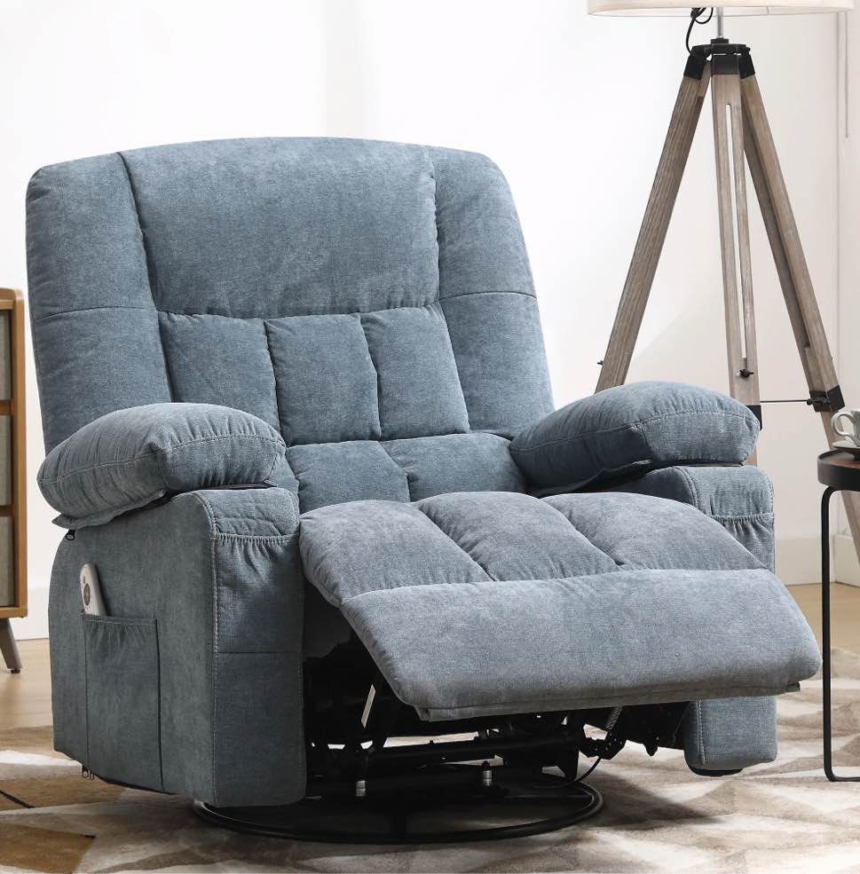 JONPONY Massage Swivel Rocker Recliner Chair with Vibration Massage and Heat Ergonomic Lounge Chair for Living Room with Rocking Function and Side Pocket, 2 Cup Holders, USB Charge Port,Blue
