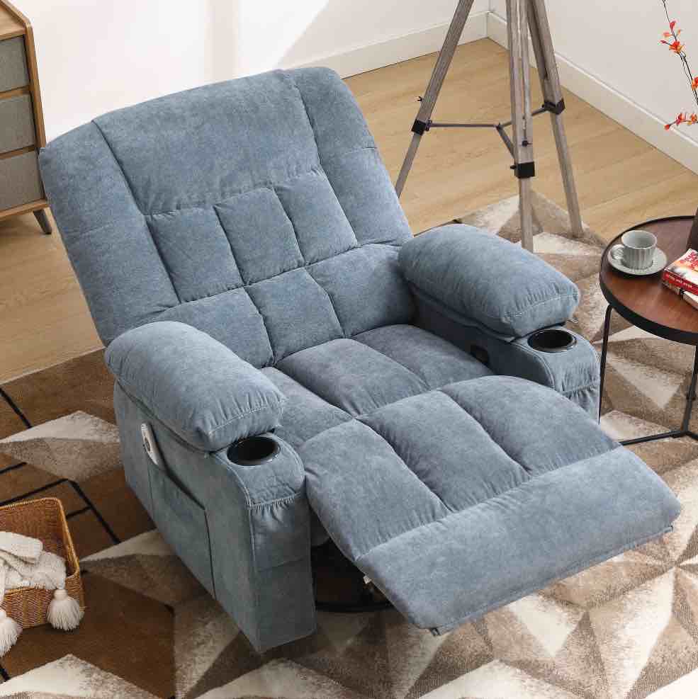 JONPONY Massage Swivel Rocker Recliner Chair with Vibration Massage and Heat Ergonomic Lounge Chair for Living Room with Rocking Function and Side Pocket, 2 Cup Holders, USB Charge Port,Blue