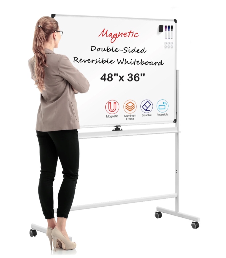 VUSIGN 48''x36'' Large Rolling Mobile Magnetic Double-Sided Reversible Whiteboard Height Adjust, Magnetic Dry Erase Board Easel