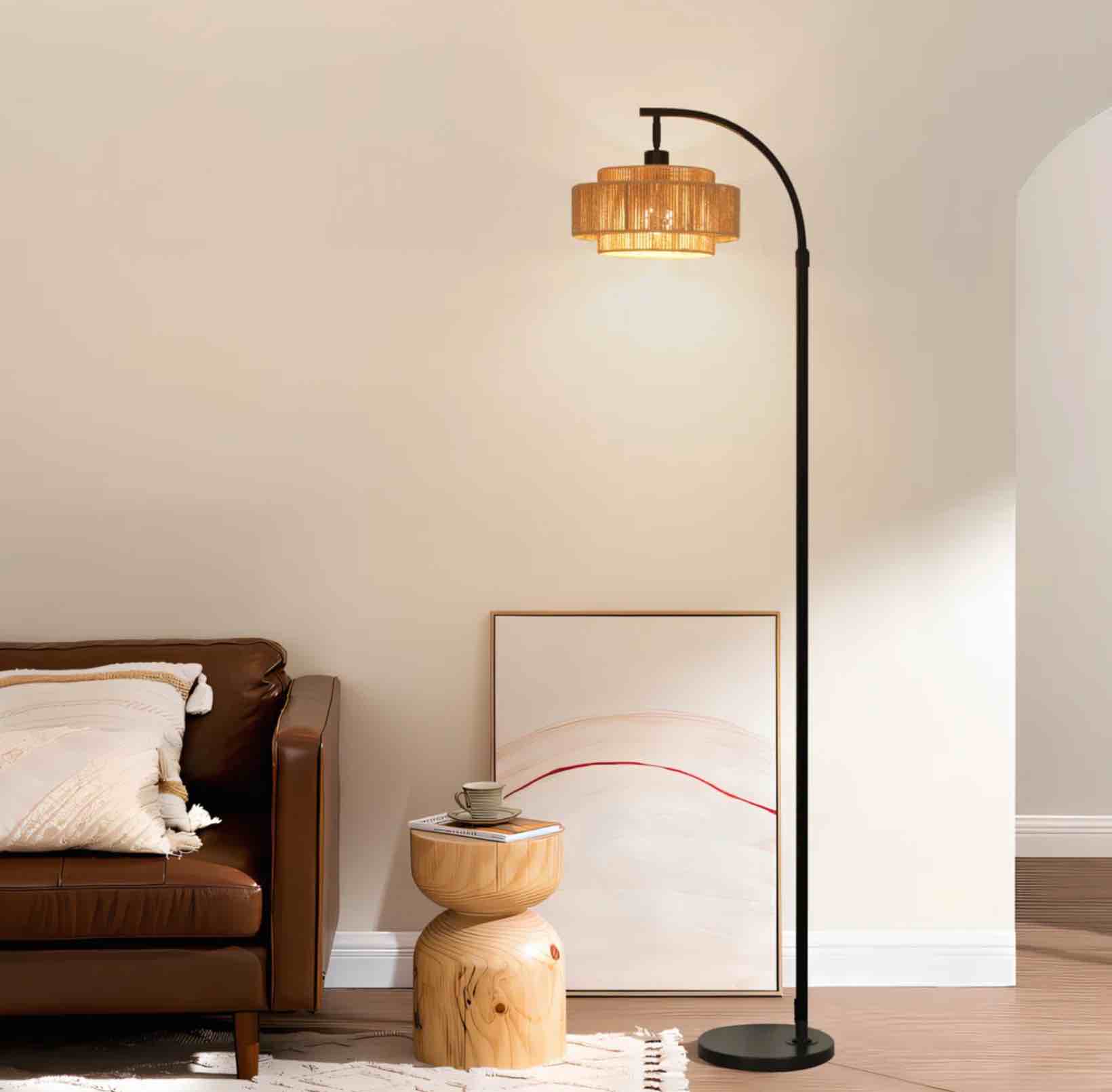 Aarzo 69.6'' Arched/Arc Rattan Floor Lamp With Led Light and Remote Control