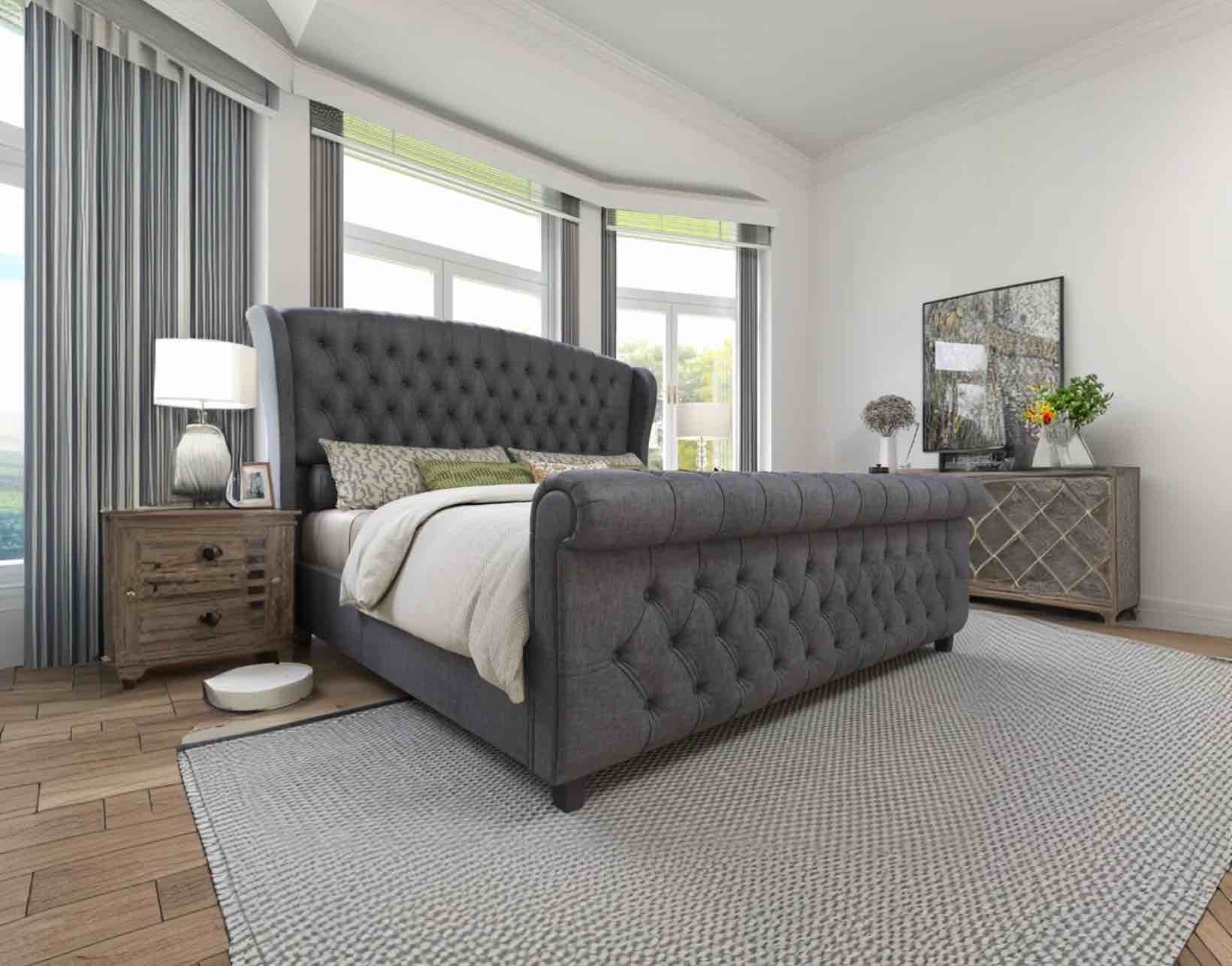 KING Dulane Chenille / Velvet Upholstered Sleigh Bed with Scroll Wingback Headboard
