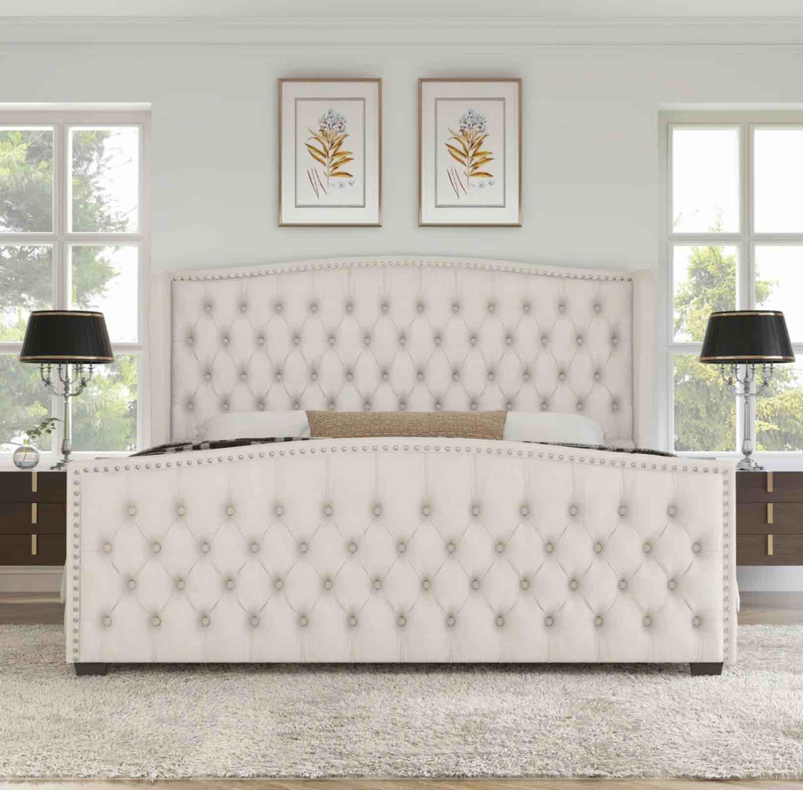 Queen DuJuan Deep Button Tufted Upholstered Bed with Nailhead Trim Wingback Headboard
