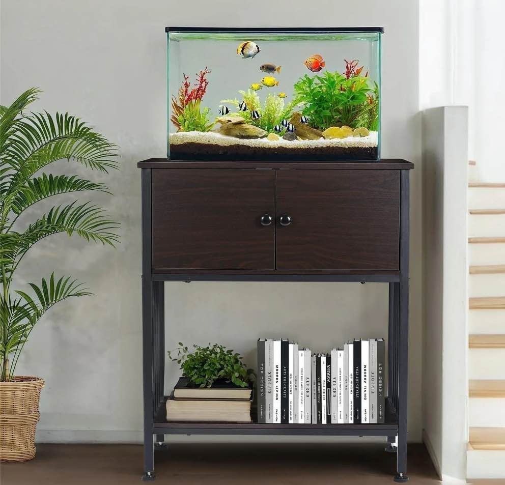 Naipo 20-29 Gallon Metal Fish Tank Stand with Cabinet  Heavy Duty Aquarium Stand  Turtle Tank  Reptile Terrarium  500lbs Capacity  Anti-tilt Device  Black