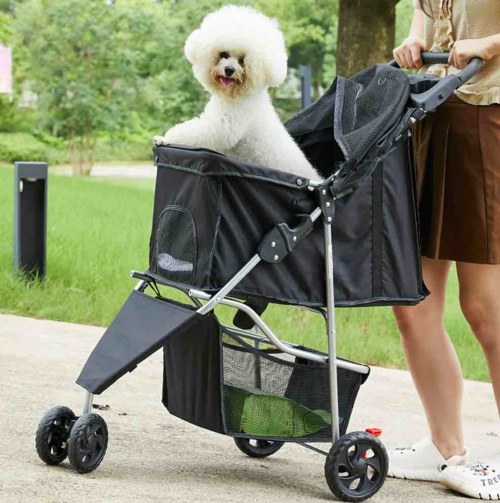 edx dog stroller  pet travel folding carrier with storage basket for cat/dog  3 wheels  black