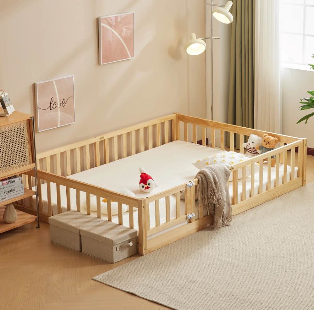zimtown montessori floor bed frame, full size kids toddler bed with fence and door, wooden platform bed, natural color