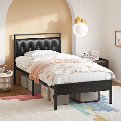 HAUSOURCE Upholstered Twin Size Bed Frame with PU Leather Headboard