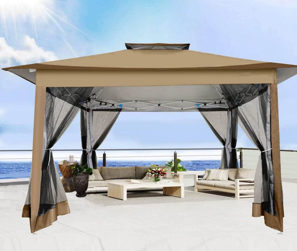 COBIZI 12x12 Outdoor Gazebo Pop-up Gazebo Canopy with Mosquito Netting Patio Tent Backyard Canopy with 2-Tiered Vented Top 3 Adjustable Height  Brown
