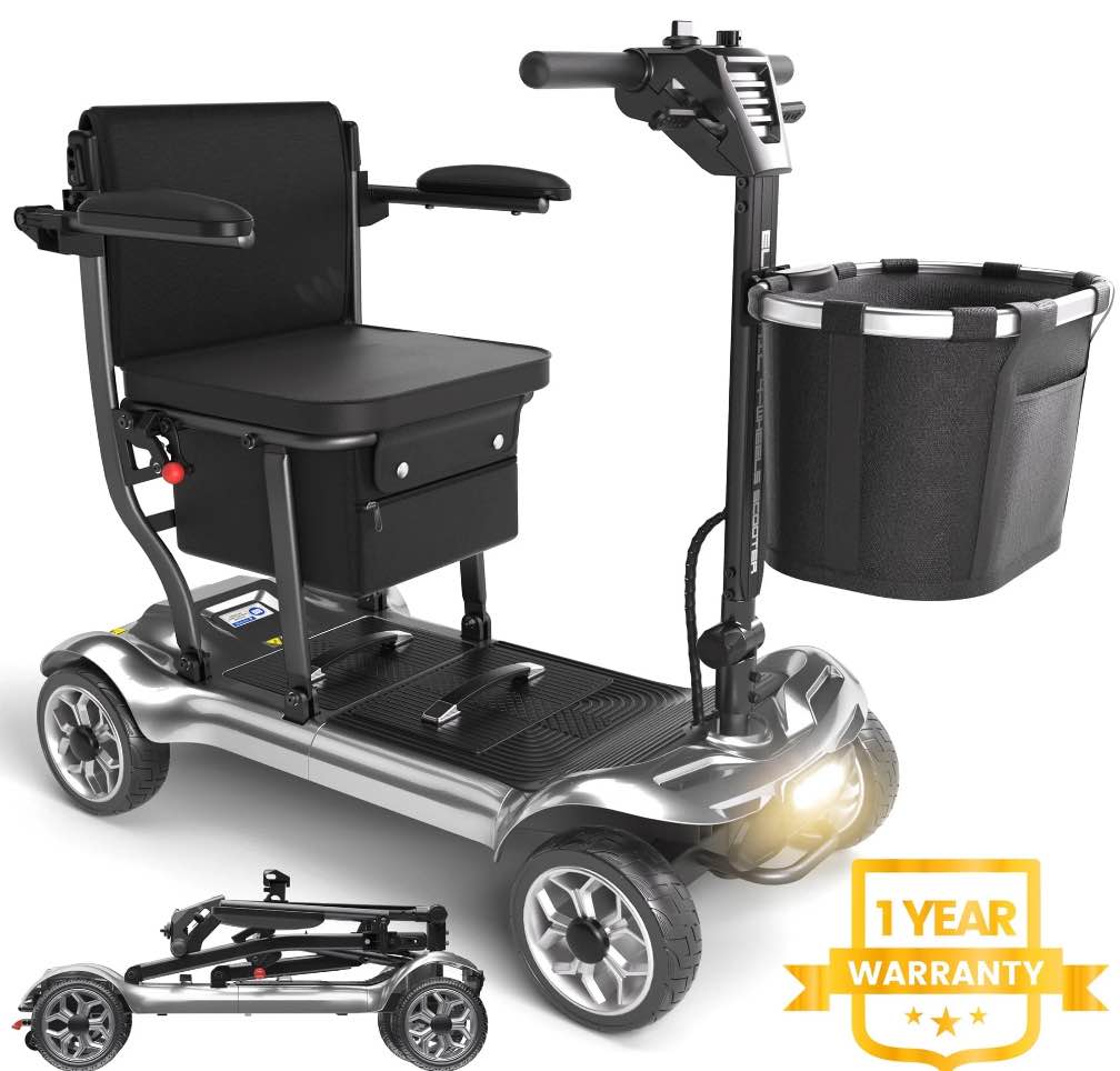 EAGLOG Light Weight 4 Wheels Mobility Scooter for Seniors, Electric Folding Wheelchair Device for Travel, Silver