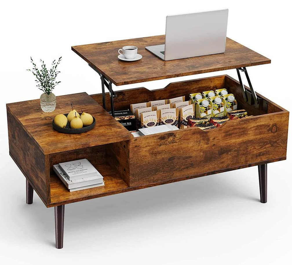 edx adjustable height wooden coffee table with hidden compartments and shelves - perfect for small homes, apartments, reception rooms, rust brown