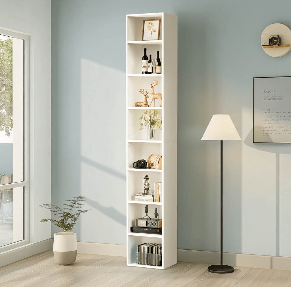 8-tier open shelf bookcase wood open display bookshelf with adjustable shelves, tall narrow bookcase with slim storage modern media tower rack, white