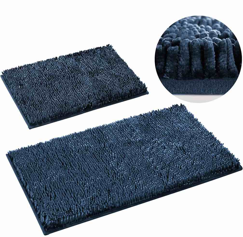 2 Pieces Bathroom Rugs, Non Slip Absorbent Velvety-Soft Butter Chenille Bath Mat Set (Navy Blue)