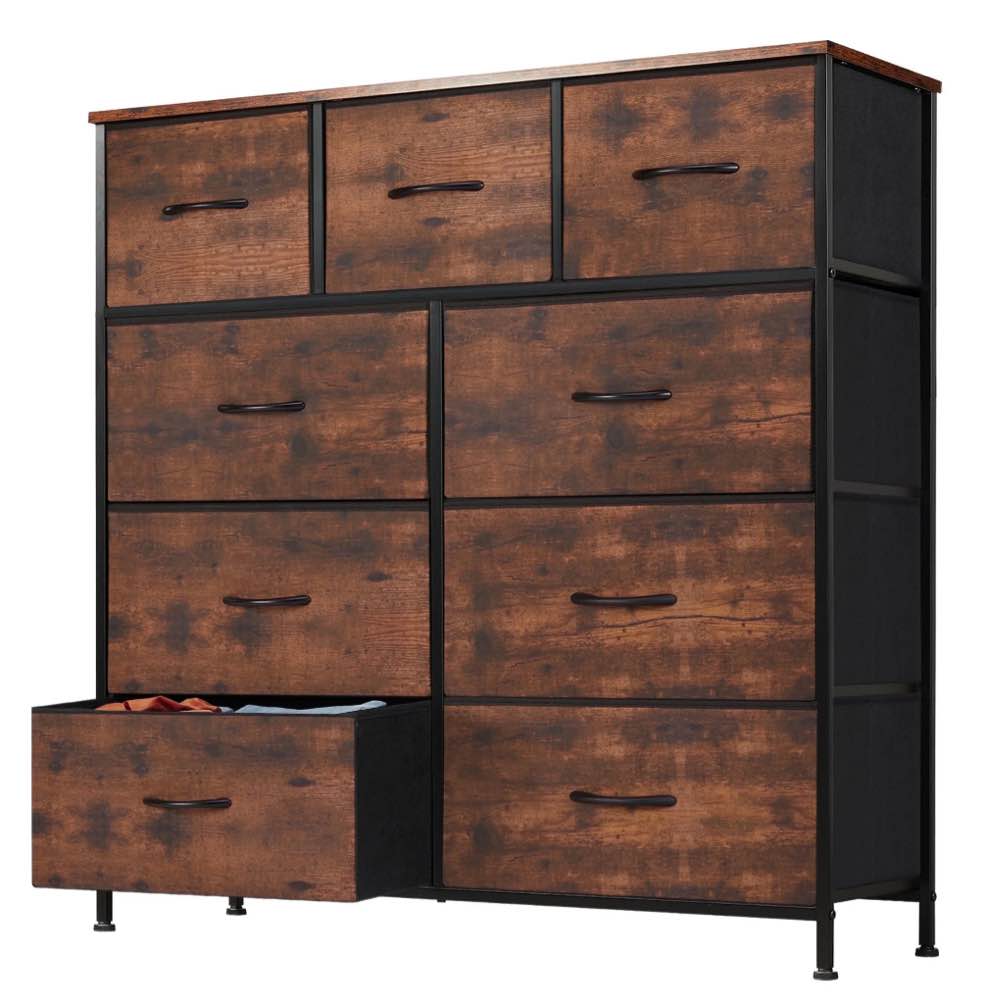 EDX 9 Drawer Dresser, Wide Chest of Drawers Nightstand Storage Tower Storage Fabric Dresser with Wood Top for Living Room, Bedroom, Hallway,Rustic Brown