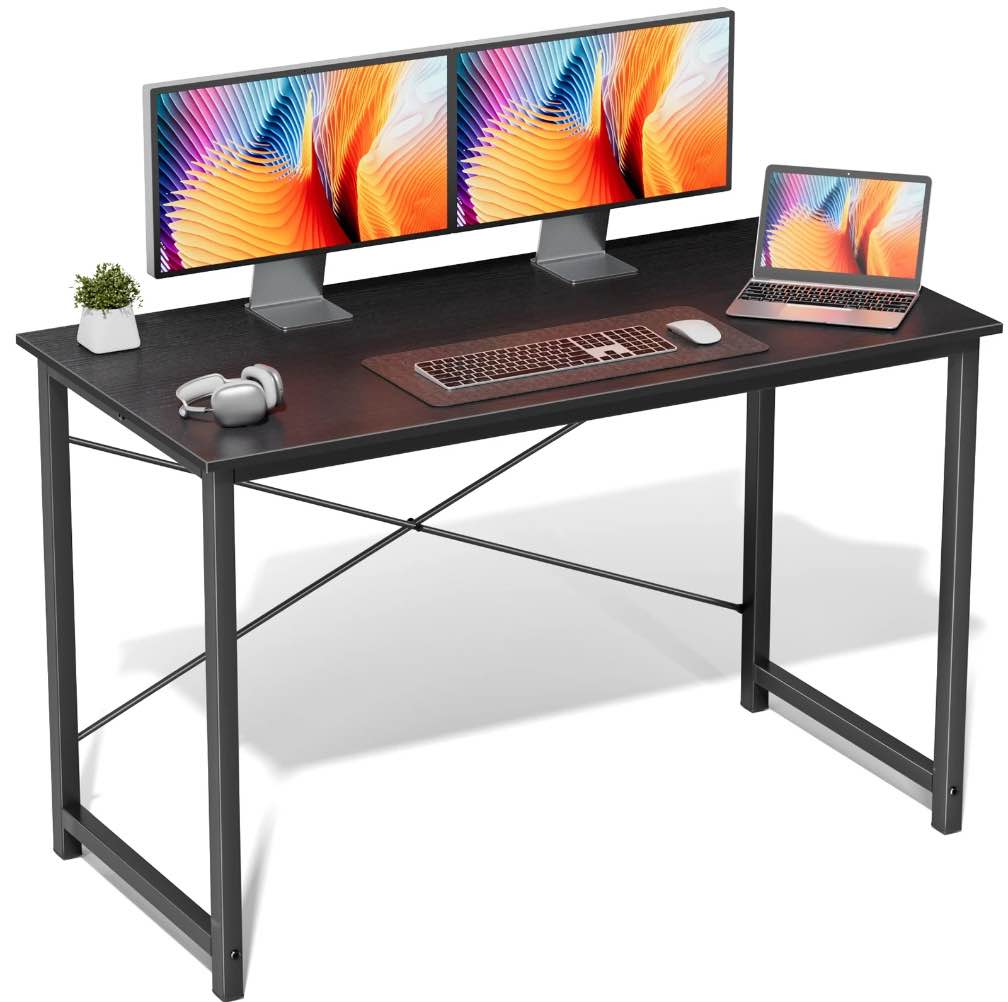 Computer Desk 47 Inch Writing Desk with Storage Bag Iron Hook Metal Frame for Home, Black