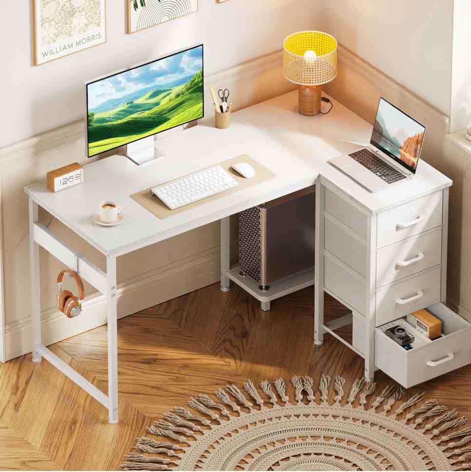 48 inch Computer Desk with 4 Fabric Drawers — Home Office Desks with Storage, Writing Desk with Side Hook,  Desk Study/Work Table for Bedroom and Small Space, White