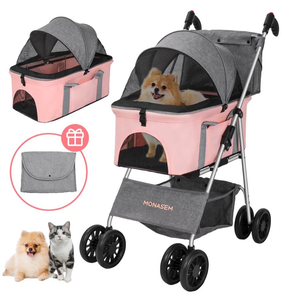 Monasem 4 Wheels Foldable Pet Stroller 3 in 1 with Waterproof Detachable Pets Travel Carrier for Small/Medium Dogs Cats up to 60lbs, Pink