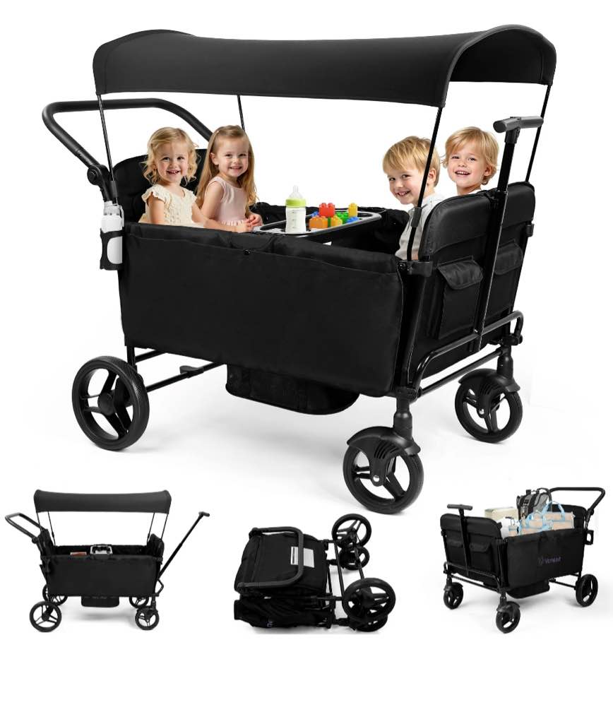 Vomeast Wagon Stroller for Kids, Spacious 4-Seater Stroller Wagon with Adjustable Canopy, Pull & Push Handle, 5-Point Harness, Foldable for Toddlers, Black