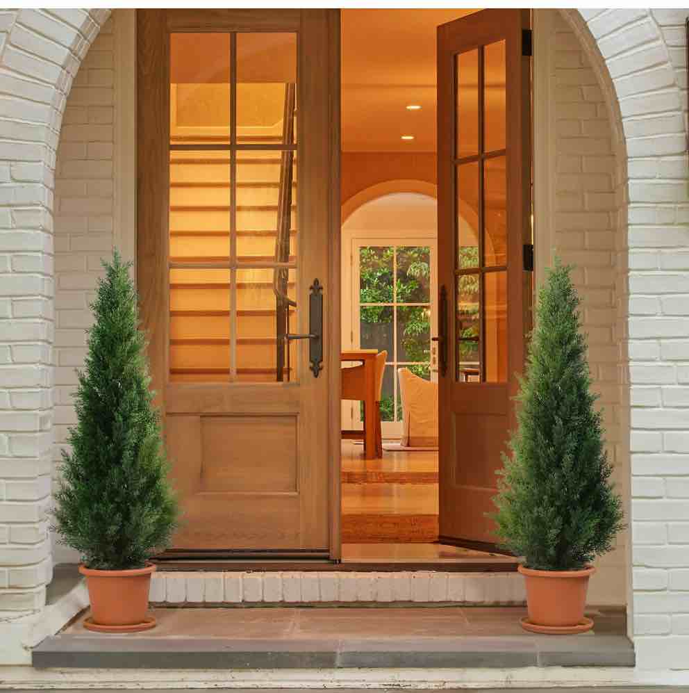 Artificial Cedar Tree 2 Pack 4 ft Outdoor Artificial Topiary Cedar Plants Fake Tree UV Rated Potted Tree for Perfect Housewarming Gift, Set of 2