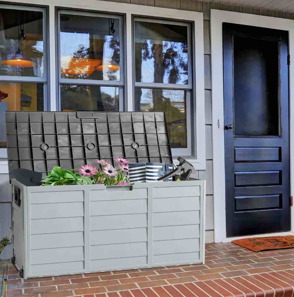 Ktaxon 75gal Outdoor Garden Plastic Storage Deck Box Chest Tools Black Grey