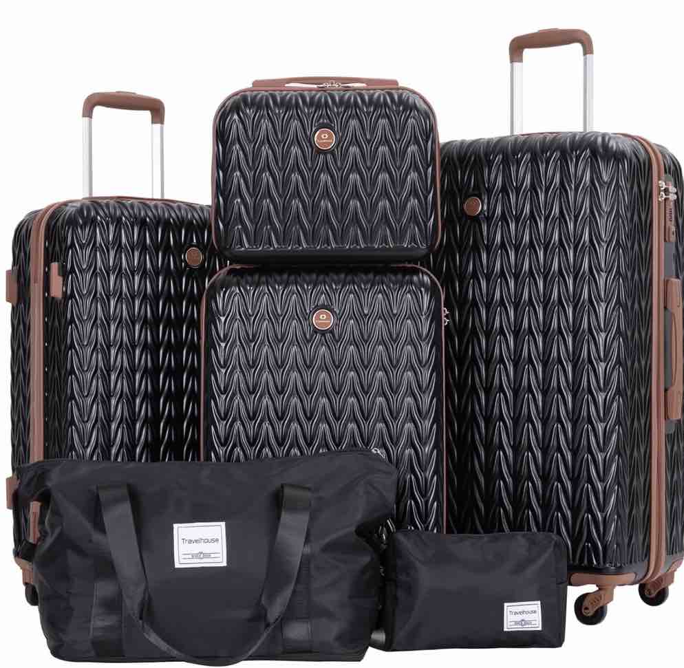 travelhouse luggage set 6 piece hardside suitcase tsa lock spinner wheels 6 pcs hardshell luggage with duffel bag.(black)