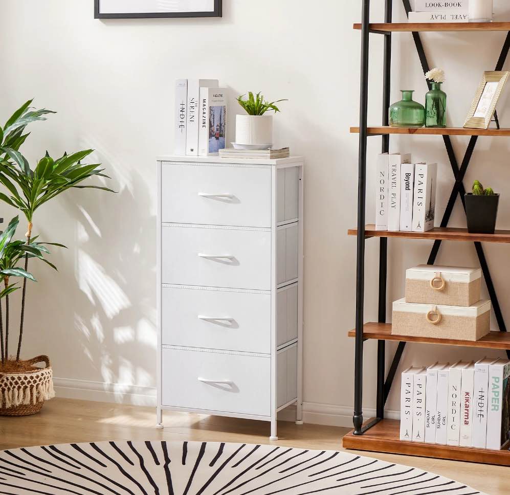 concetta 4 drawer dresser, wide chest drawers nightstand storage tower storage fabric dresser with wood top for living room, bedroom, closet, white