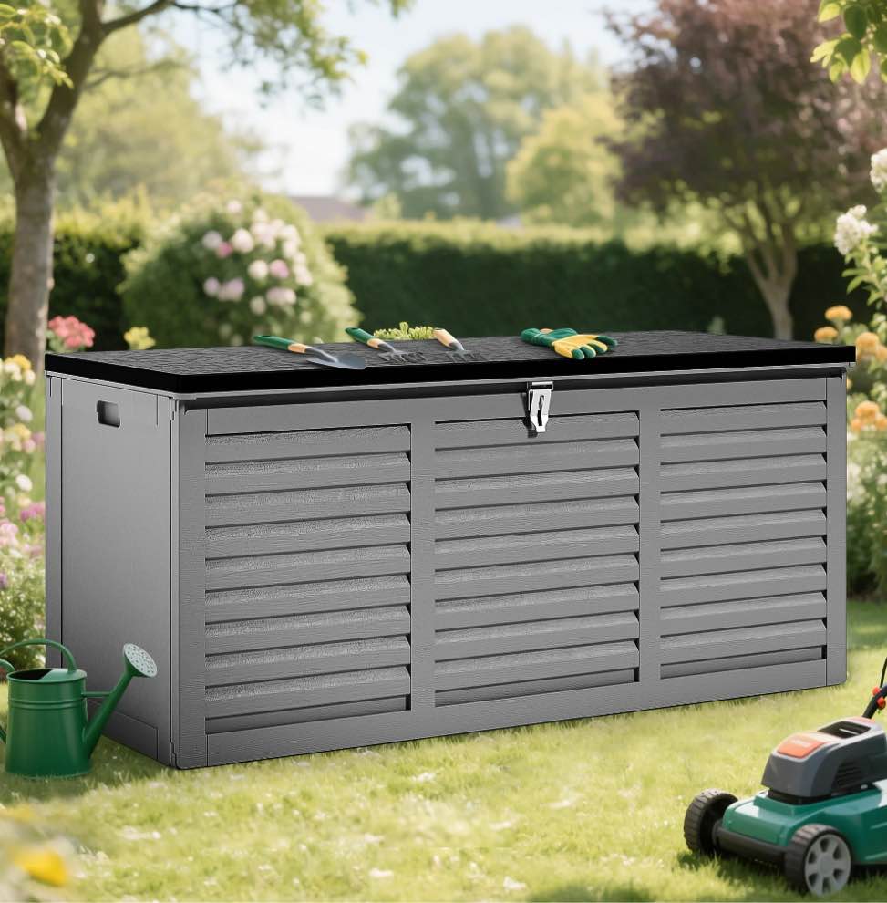 100 gallon resin deck box  outdoor lockable storage container for patio cushions  garden tools  pool supplies  toys  waterproof and uv resistant  dark gray