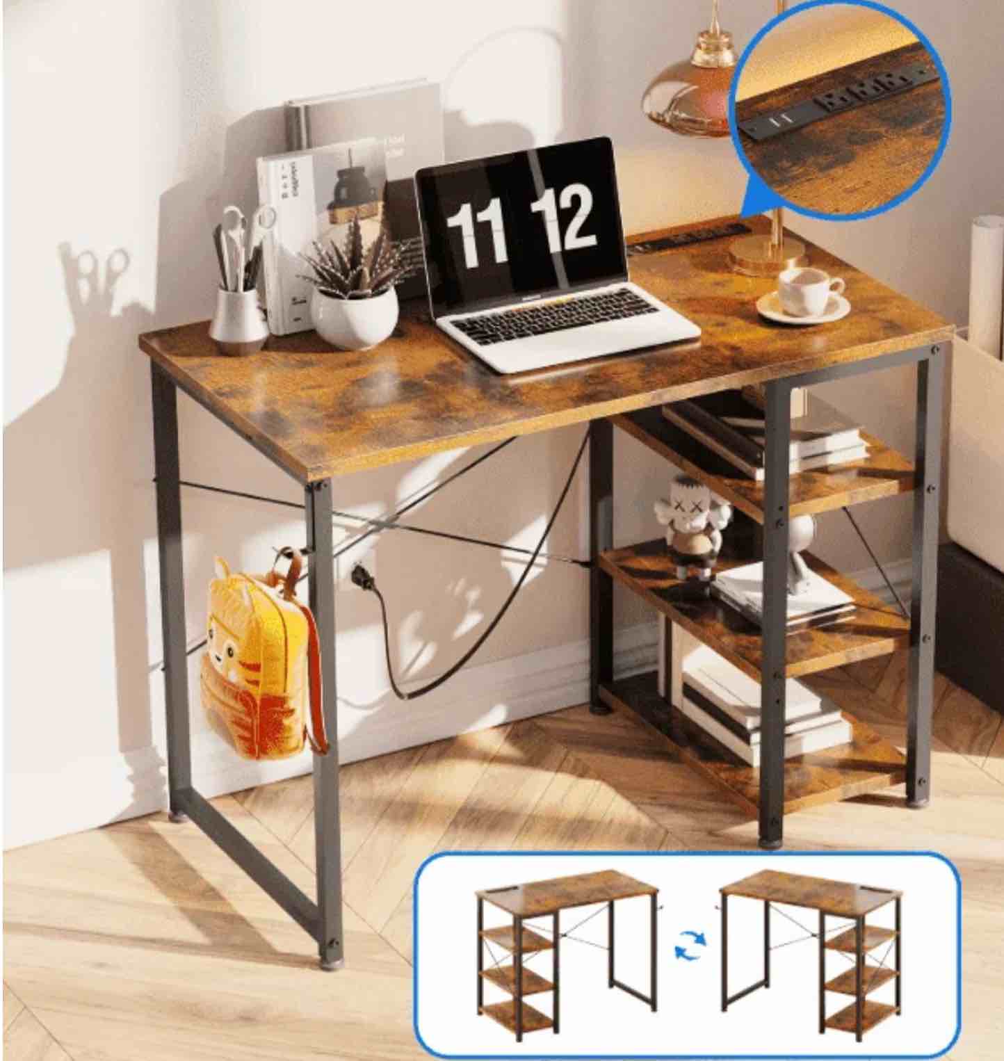 Casacomoda 32 inch Computer Desk with 3 Tier Shelves for Small Space, Small Table with Power Outlets, Vintage