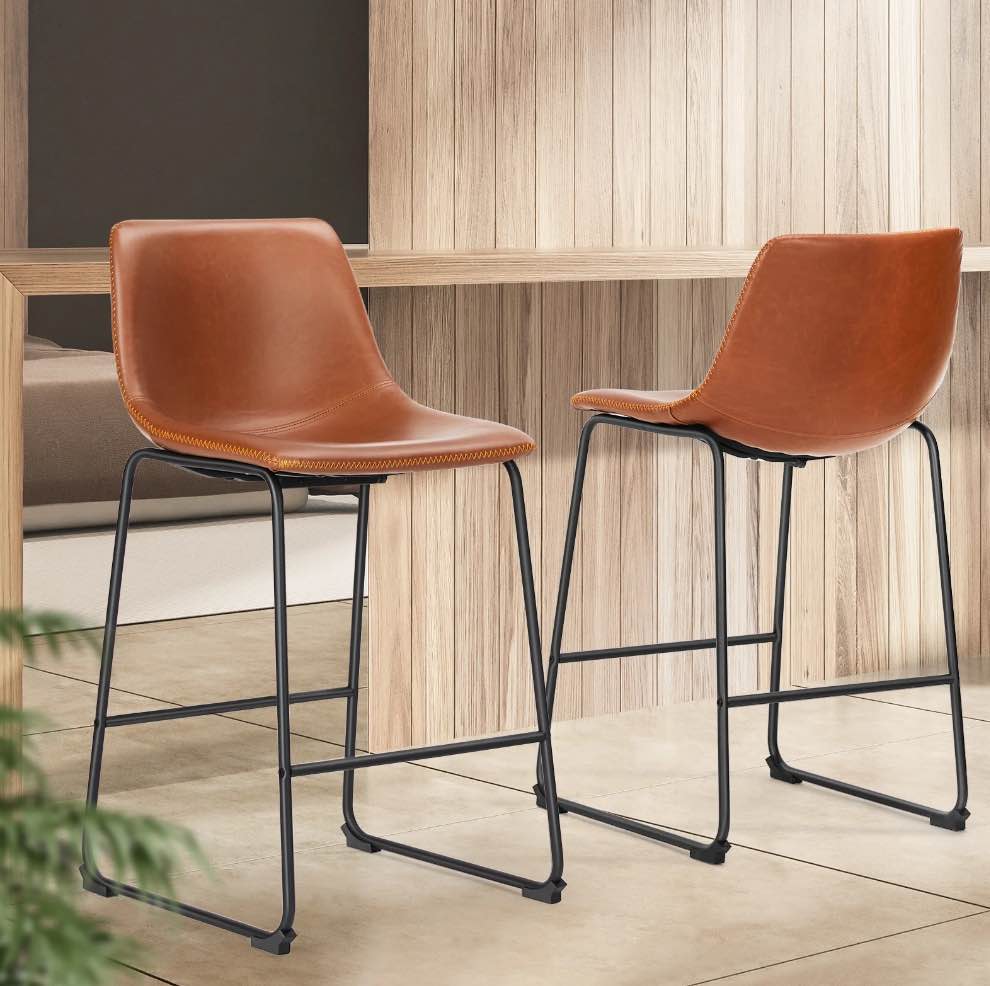 edx counter height bar stools set of 2 with back and footrest, metal frame, 26 inch, brown