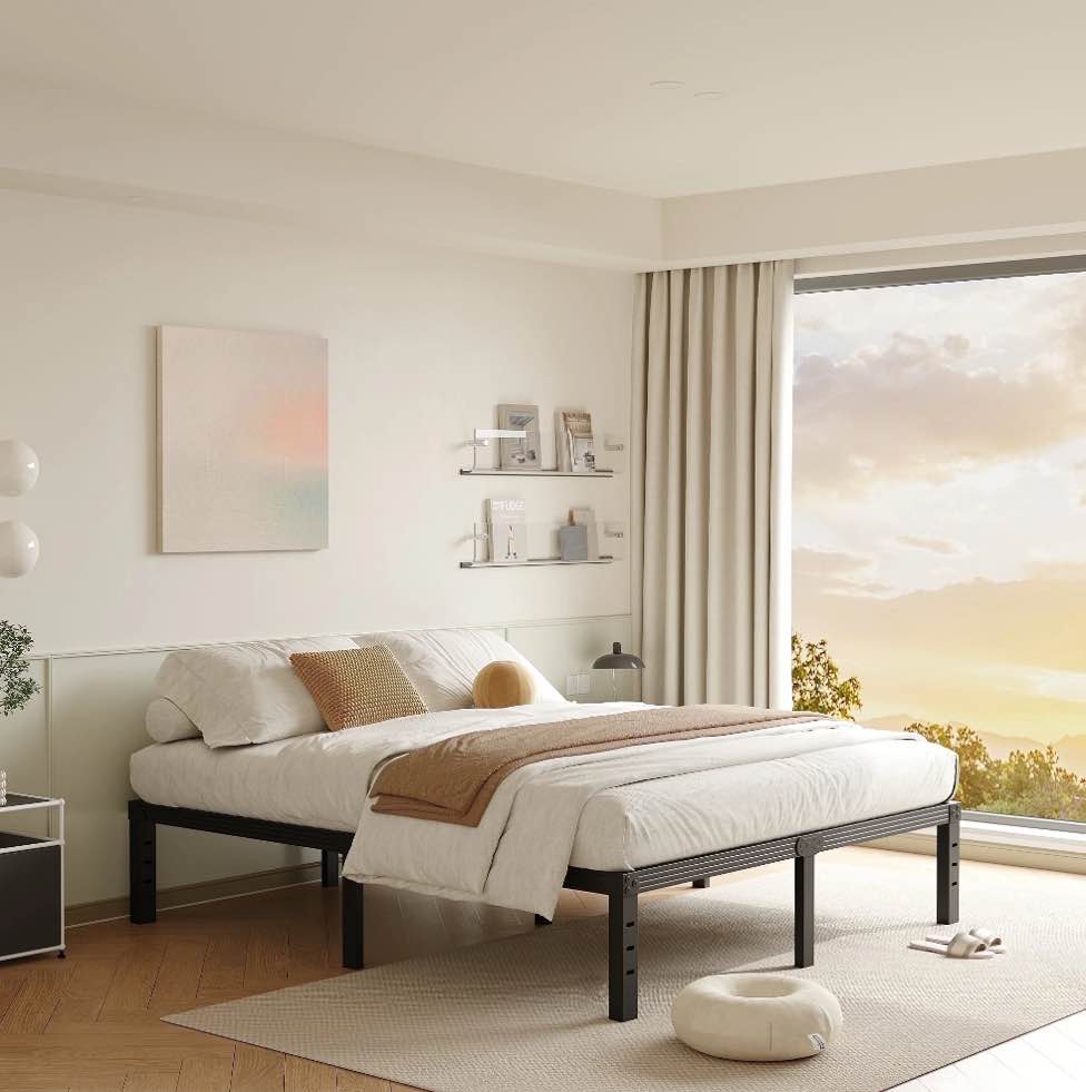 fschos 14 inch full size bed frame, heavy duty metal platform, no box spring needed, easy assembly, black