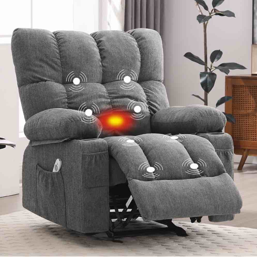 JONPONY Manual Recliner Chair with Heat Therapy and Massage Function, Heavy Duty Reclining Mechanism Massage Chair, Elderly Single Rocker Sofa with Cup Holders for Bedroom Home Theater,Grey