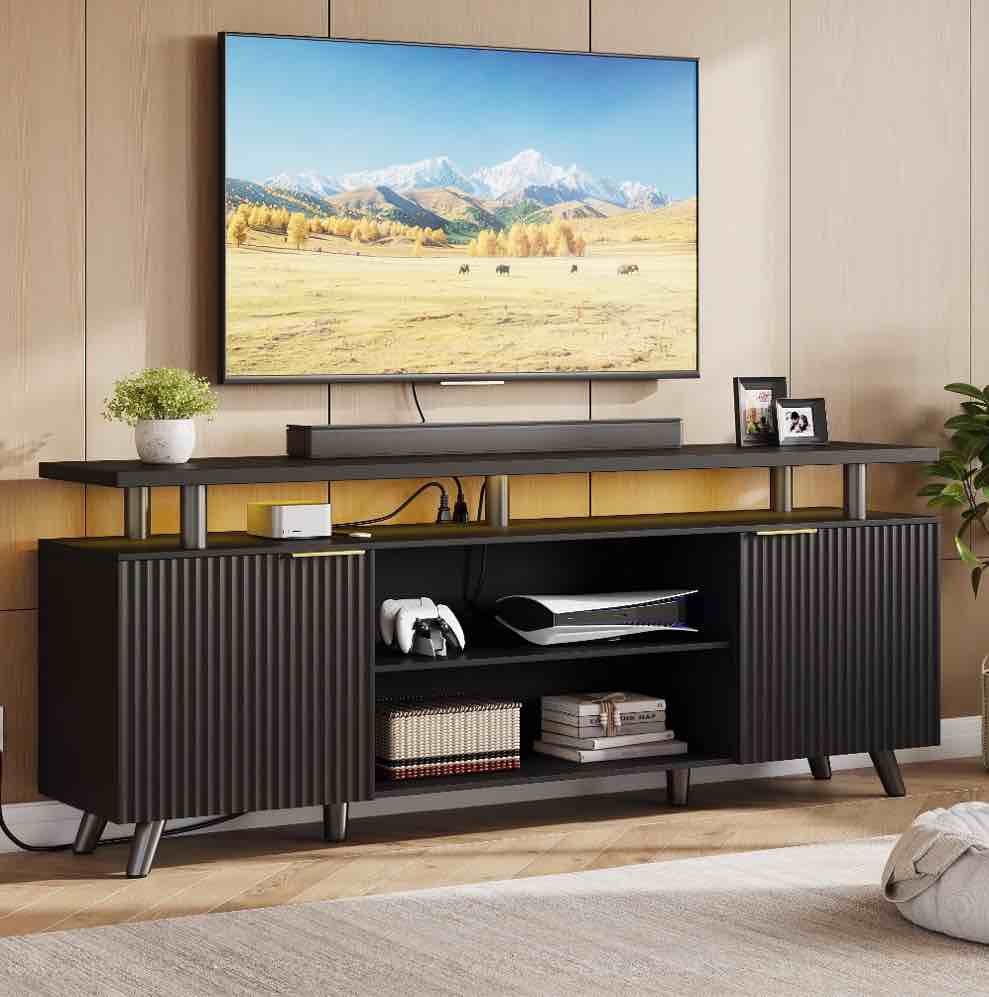 Valu4me TV Stand for 65" TV, LED Entertainment Center with Adjustable Shelves, Storage Cabinets & Power Outlets, Fluted TV Console for Living Room, Black Finish