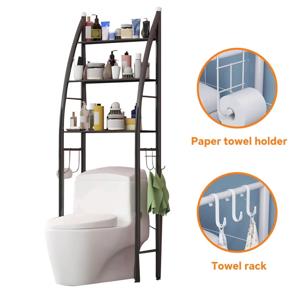 HIOHA over Toilet Storage Rack with Toilet Paper Roll Holder & 4 Hooks 1-Shelf Steel Bathroom Space Saver Organizer, Black