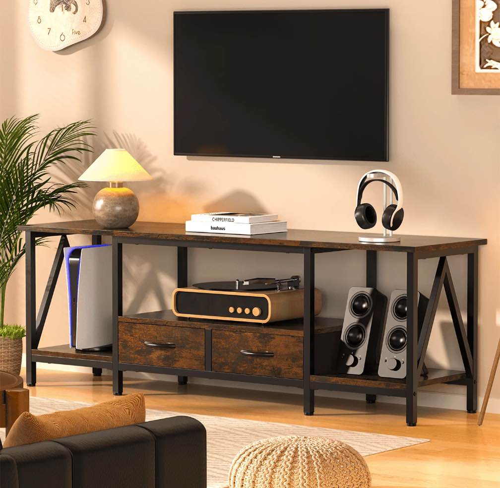 Behost TV Stand for 75 Inch, Dresser TV Stand with 2 Large Dresser Drawers, Entertainment Center with 3 Open Storage Shelf, Rustic Brown, Large