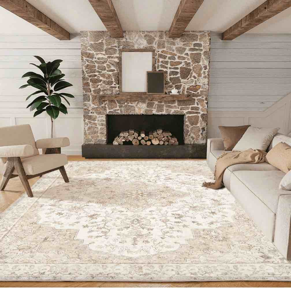CHITOOMA 8'x10' Boho Area Rugs for Living Room, Machine Washable Floral Area Rug with Non-Slip Backing, Stain Resistant Non-Shed Carpet for Bedroom, Dining Room, Dorm, Office