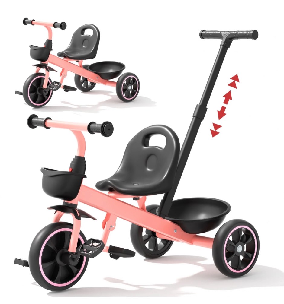 JoyStone 2-in-1 Toddler Tricycle for Ages 1-4 Years, Kids Trike Toddler Bike with Removable Push Handle, Adjustable Seat & Basket, Pink
