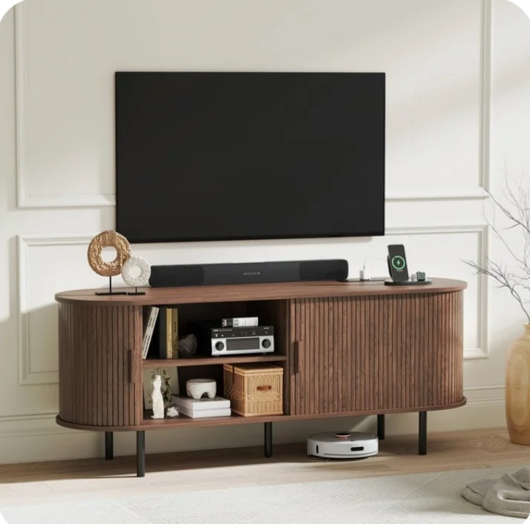 MARNUR 55" TV Stand for 60" TV, Wood Entertainment Center with Storage and Shelves, 2 Sliding Tambour Doors, Mid-Century Modern