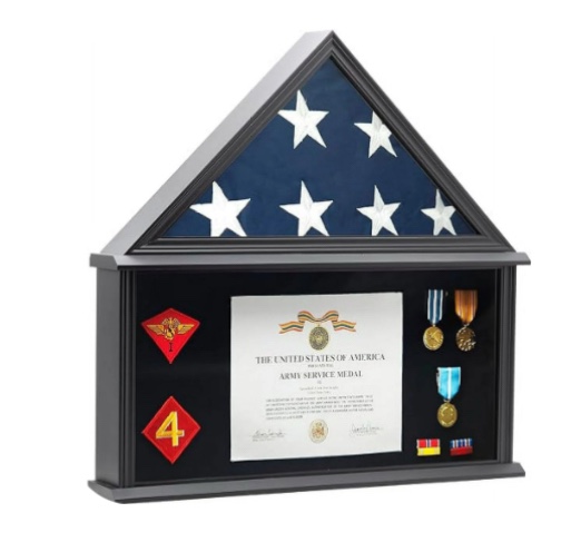 Large Shadow Box Display Case Fits Folded 5x9.5’ Flag, Certificate, Medal, Patches. Solid Wood and Glass. (Black)