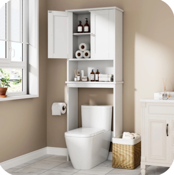 Walsunny Over The Toilet Storage Cabinet Bathroom Shelves Organizer Space Saver Freestanding Restroom Shelf with Doors Anti-Tip Device Adjustable Shelf White