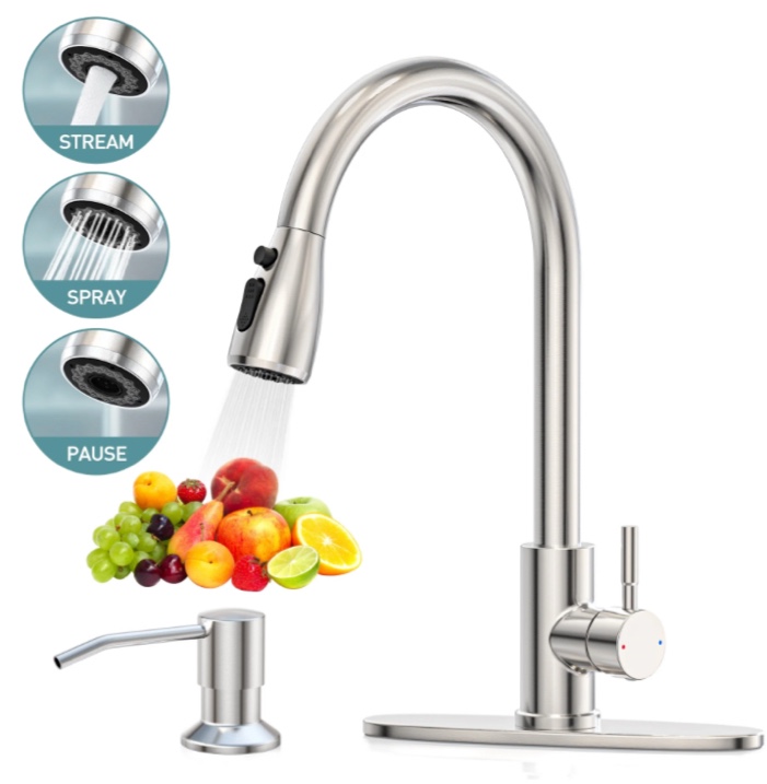 GPED Kitchen Faucet with Soap Dispenser, Kitchen Sink Faucet with Pull Down Sprayer & Deck Plate, 3 Modes & SUS304 Stainless Steel,High Arc Single Handle Kitchen Faucet w/ Water Lines,Brushed Nickel