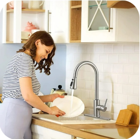 PHANCIR Kitchen Faucet with Pull Down Sprayer, High Arc Single Handle Kitchen Sink Faucets with Pause Button Premium Brushed Nickel with Deck Plate Suit to 1 or 3 Holes