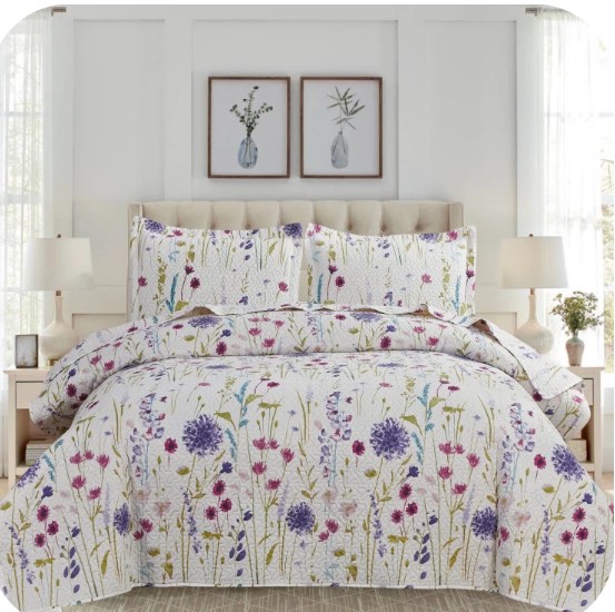 Green Essen Floral Microfiber Quilt, Queen - Reversible, Soft (3 Count)