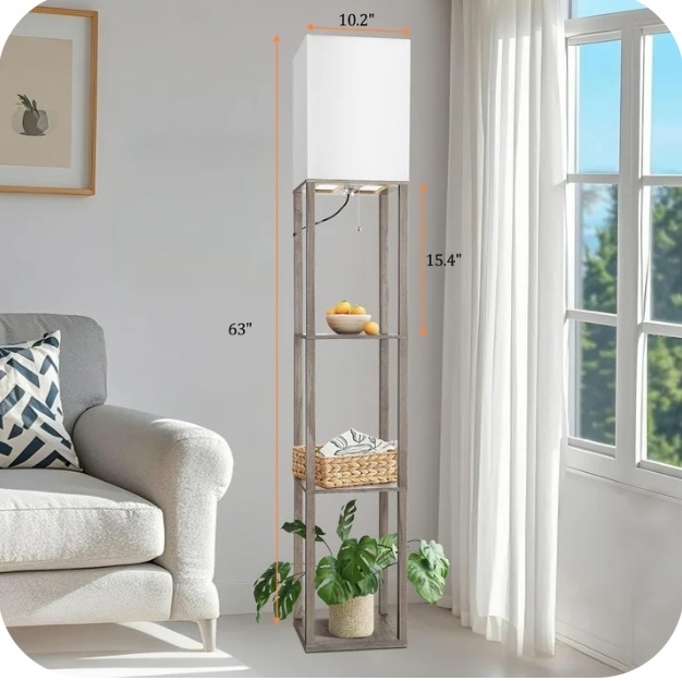 Shelf Floor Lamps for Bedroom Oak Gray Standing Lamp with 3 CCT LED Bulb Floor Lamp with Shelves Corner for Living Room Office Decor