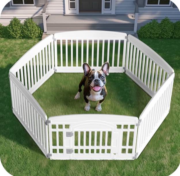 edx Dog Playpen, 6-Panel 24" Foldable Pet Pen with Door & Pet Safety Lock, Indoor/Outdoor Puppy Playpen, Customizable, White
