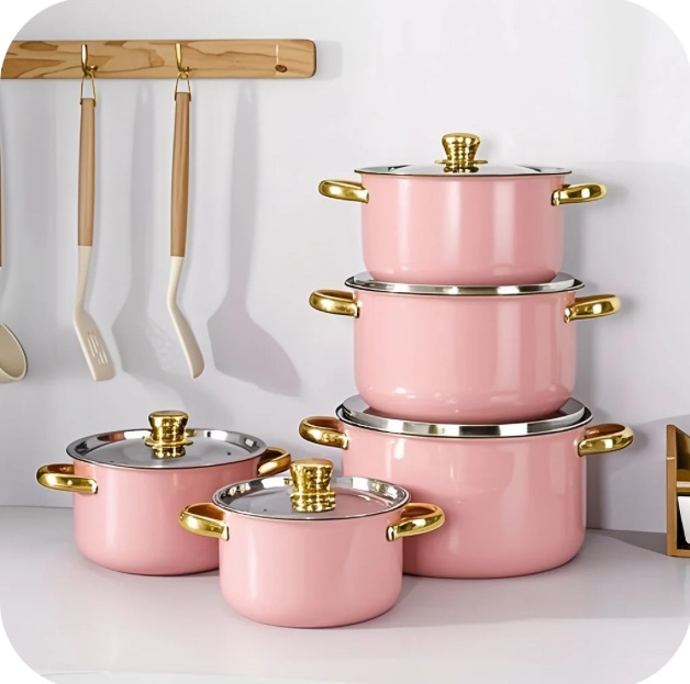 Stainless Steel Cookware Set with Golden Handles, 10/15-Piece Induction & Gas Compatible, Deep Thick Design for Kitchen/Camping, Pink/Silvery