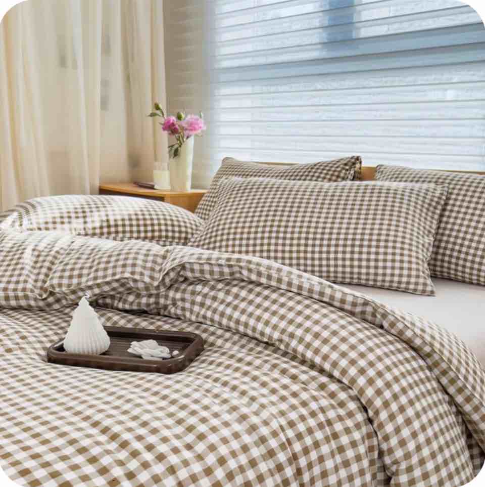 Tan Gingham King Comforter Set, Taupe Plaid Bedding Set, Checked Bed Comforter 3 Pieces(Tan Gingham, King)