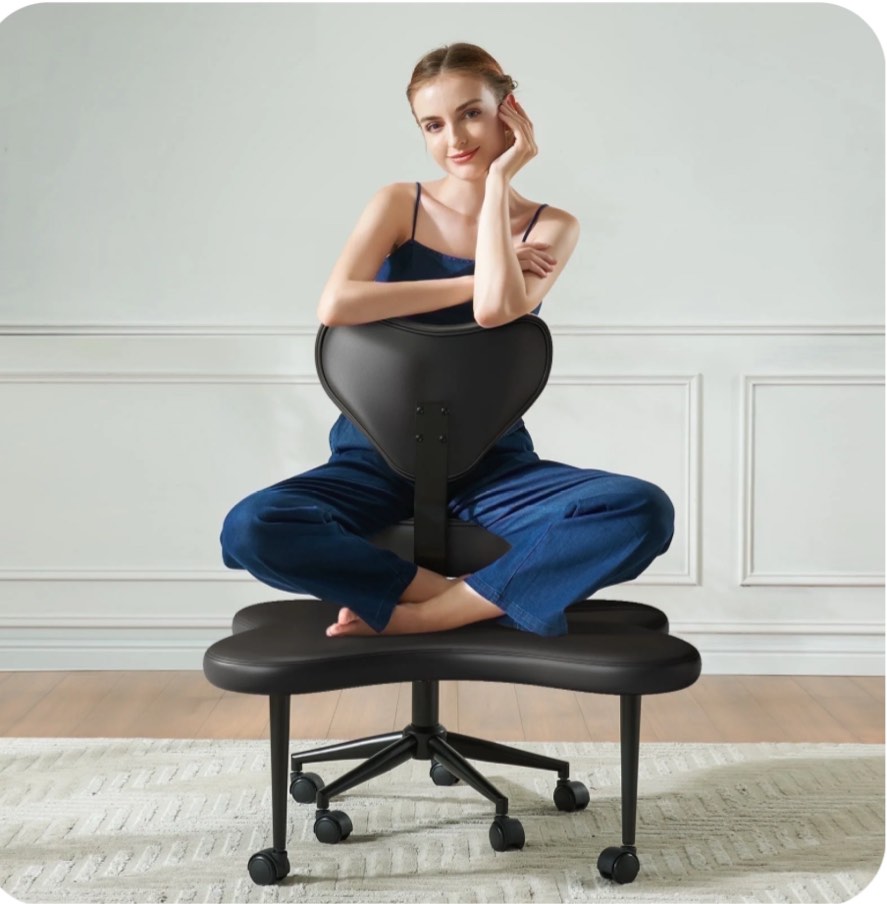 Pinmoco Ergonomic Cross Legged Swivel Chair, Adjustable Height and PU Leather, Meditation& ADHD Chair with Back Support, Home and Office, Black